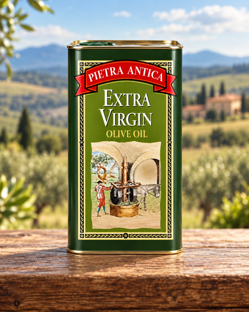Pietra Antica extra virgin olive oil tin in a Tuscan landscape