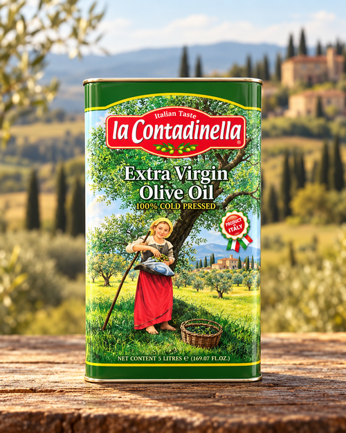 La Contadinella extra virgin olive oil 5-litre tin against an Italian countryside backdrop